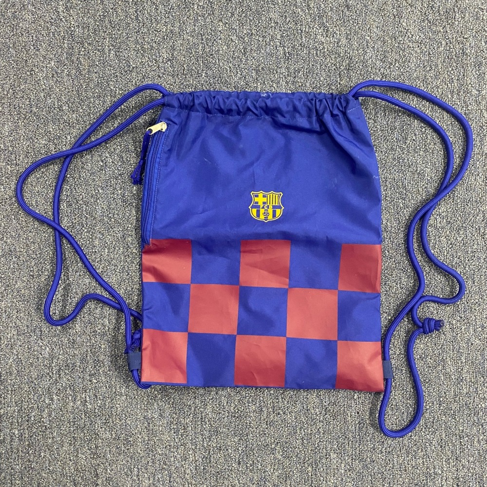 FC Barcelona Drawstring Cinch Bag Blue Maroon Checkered Soccer Sackpack FCB Logo